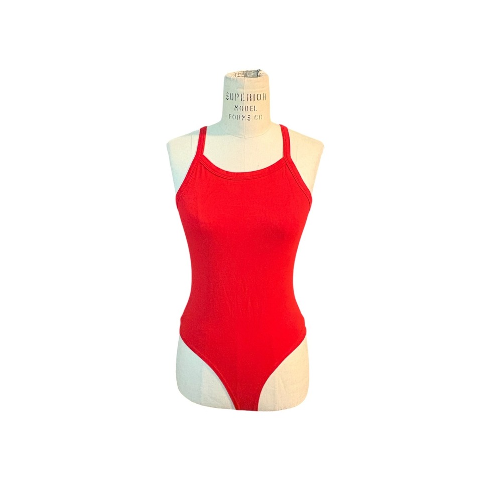 Womens Red High Neck Racerback Bodysuit Tank Snap Closure Small Summer Festival
